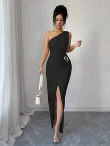 New Women's Sexy Solid Color Maxi Dress With Asymmetrical Shoulder, Twisted And Ruched, Asymmetrical Neckline, Knit Texture And Fitted Style, Twisted Design With Slit, Elegant Outfit For Women, Dress For Spring/Summer Party, Vacation, Valentine's Day - 黑色 - 查看 3