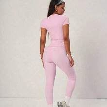 PinkTip Khaki Basic Top And Pants Set, High-Waisted Loose Fit, Essential For Summer Casual And Fitness Sports - Rojo - Ver 5