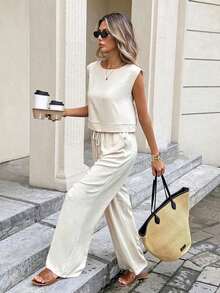 Conjunto de 2 piezas de chaleco y pantalones a cuadros casuales de vacaciones para mujer - Albaricoque - Ver 8