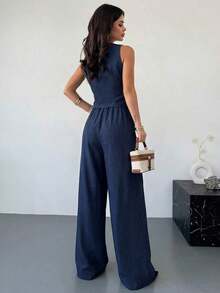 Nuevo conjunto de primavera para mujer de 2 piezas con chaleco asimétrico de botón metálico de textura de lino color caqui y pantalones anchos de cintura alta estilizadores, elegante vestimenta de oficina - Azul marino - Ver 2