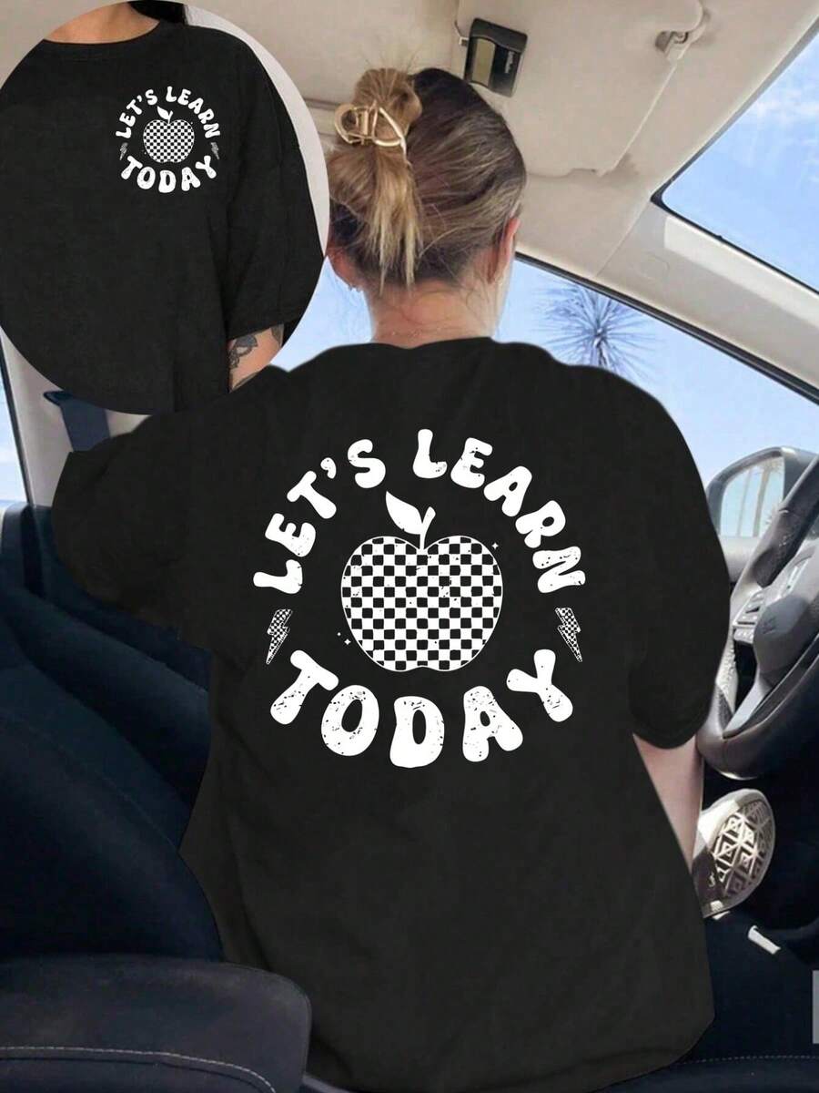 Printed T-Shirt With Designs On The Front And Back, "Tudy Today" Print, Round Neck, Short Sleeves, Modern And Fashionable Casual Style, Double-Sided Printed Top For Women. Elegant Party Outfit, T-Shirt For Stylish Ladies, Blouses Suitable For Curvy Women, Prom Skirts, Casual Wear - 黑色 - 查看 1