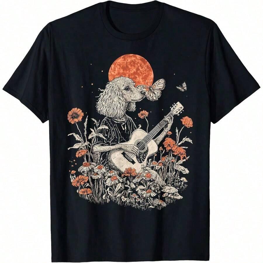 1 Piece Cottage Core T-Shirt With Poodle Dog Playing Guitar Design, All Seasons, 100% Cotton, Single Side Print, Round Neck, Short Sleeve, Unisex, Base Layer, 180g, 100% Cotton. - Color 9 - View 1