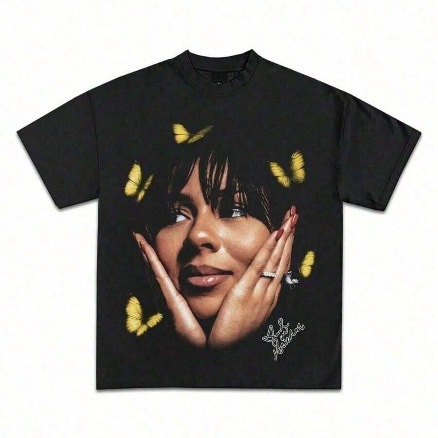 1 Piece Funny Retro 90s Rapper Cat Print T-Shirt, Round Neck, Short Sleeve, Women's Cotton, Summer, 180g, 100% Cotton. - 黑色 14 - 查看 1