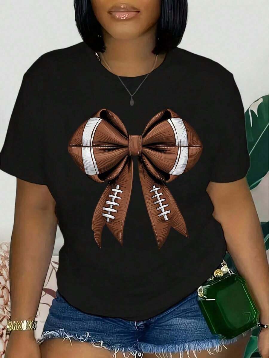 Women's Casual T-Shirt With Football Bow Illustration - Short Sleeve, Round Neck, 100% Polyester, Machine Washable, Perfect For Sports And Casual Wear. - 黑色 - 查看 1