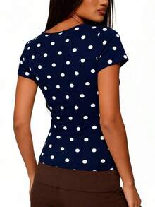 Polka Dot Tops For Women Y2K Long Short Sleeve Tee Crop Top Vintage Cute Slim Fit Crew Neck Shirt Going Out Streetwear - 短袖-藏青色 - 查看 4