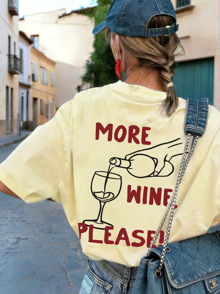 Camiseta de manga corta de cuello redondo con estampado gráfico de copa de vino, blusa versátil y elegante para mujer, nueva moda minimalista de verano - Amarillo - Ver 1