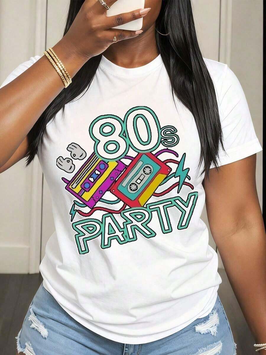 Women's Clothing 80s Party T-Shirt Retro Neon Design With Cassette Tape And Glove Graphic Unisex T-Shirt For 80s Theme Parties Halloween Costume Events Women's Shirts - 白色 - 查看 1