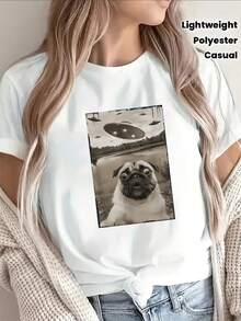 Short-Sleeve Polyester T-Shirt With Pug And UFO Graphic, Lightweight And Durable For Casual Wear At Home Or Outdoors, Ideal For Dog Lovers And Science Fiction Fans - 白色 - 查看 1
