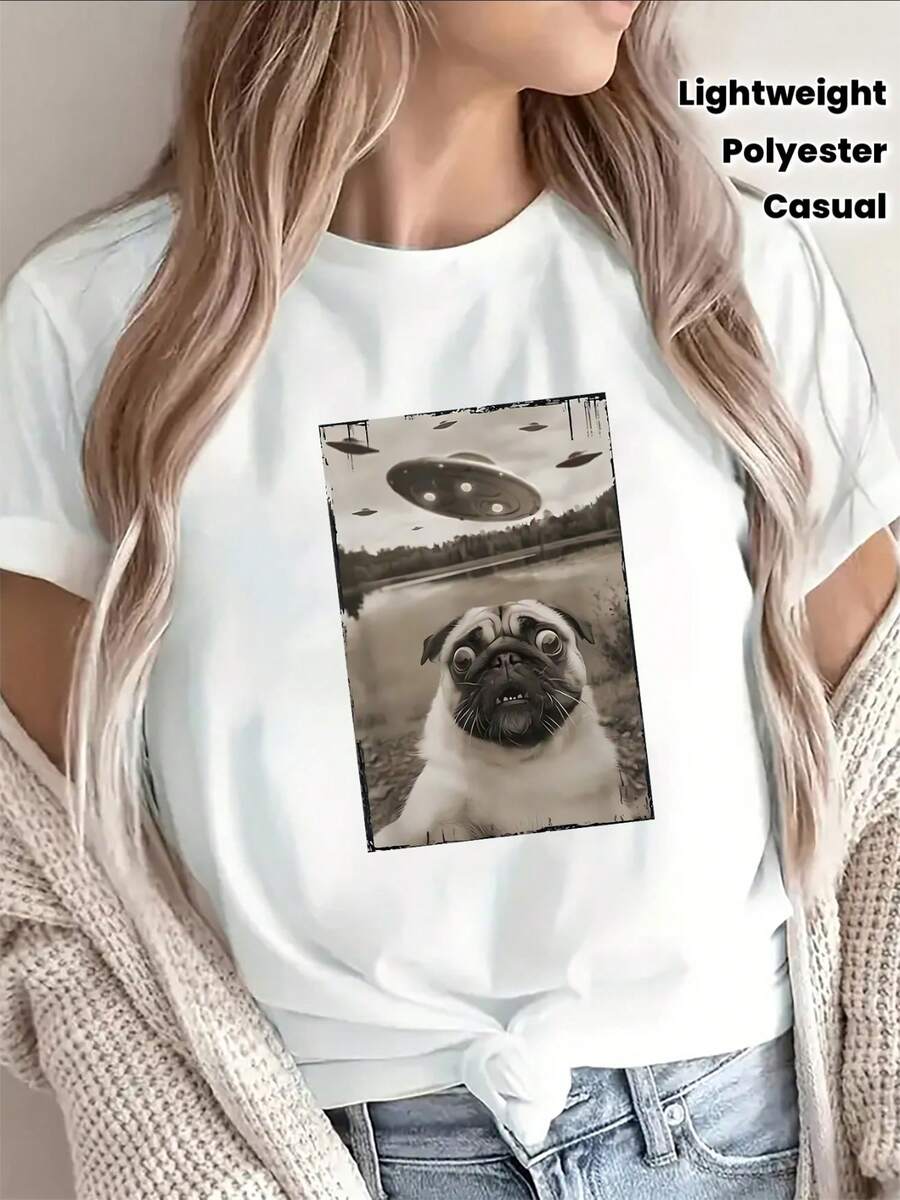 Short-Sleeve Polyester T-Shirt With Pug And UFO Graphic, Lightweight And Durable For Casual Wear At Home Or Outdoors, Ideal For Dog Lovers And Science Fiction Fans - 白色 - 查看 1