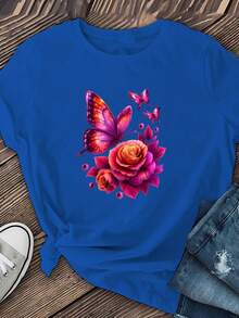 Camiseta cómoda de manga corta para mujer, regalo para las vacaciones, camiseta para mujer para la vuelta al cole - cómoda y relajada, cuello redondo, camiseta con estampado de mariposas, top casual elegante con entrega local, top de algodón puro para el verano y actividades al aire libre. W3BE - Azul - Ver 2