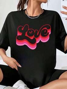 Women's Oversized T-Shirt With Love Graphic Print, Casual Urban Fashion Clothing, Valentine's Day Gift, Summer Outfit - 黑色 - 查看 7