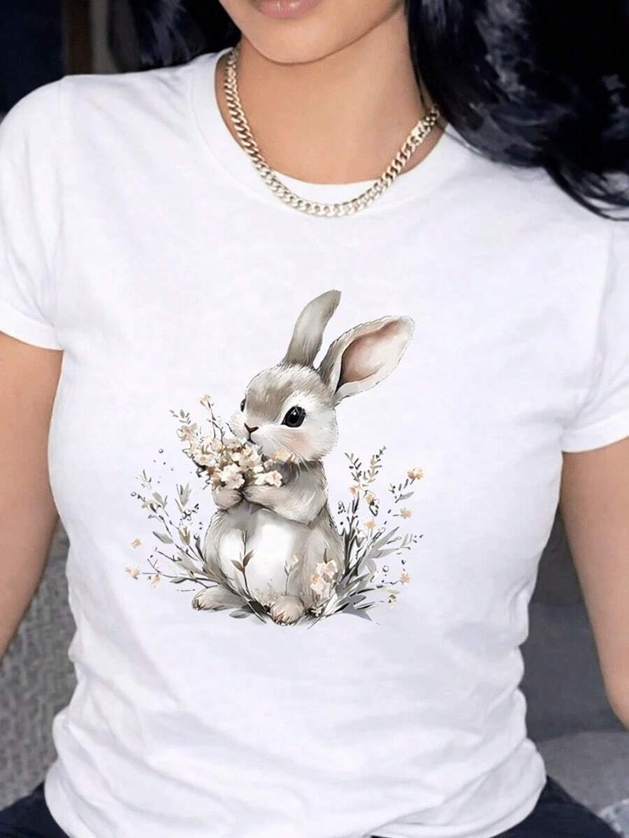 Women's Blouses, Women's T-Shirts, Casual Blouses For Women, Casual Dresses For Women. T-Shirt With A Rabbit And Floral Print, Modern, Round Neck, Short Sleeves, Ideal For Everyday Wear, Eye-Catching, Loose-Fitting, Fashionable, Perfect For You. ZFLR - 白色的 - 查看 1