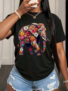 Women's T-Shirt With Elephant Floral Print, Boho Style, Casual Summer Top, Gift For Her, Artistic Animal Design, Fashion T-Shirt, 220g - Urban Vintage Style, Unisex, Loose Fit, Cotton, Short Sleeve, Round Neck, 100% Pure Cotton - 黑色 - 查看 3