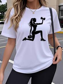 Women's Short-Sleeved T-Shirt, Y2K Style, Simple And Round Neck, Casual Workout Wear, Short-Sleeved T-Shirt, Modern And Artistic Sporty Design With Fitness Girl Print. - 白色 - 查看 6