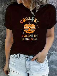 Women's Short-Sleeved T-Shirt With Round Neck And Fun Cartoon Pumpkin Design, Ideal For Halloween. - 黑色 - 查看 2