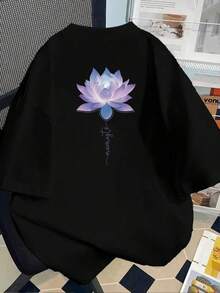 Camiseta negra informal de manga corta con cuello redondo para hombre,Camisetas Para Mujer Camiseta oversize floral elegante con diseño de loto moderno, cómoda y ligera, apta para cualquier ocasión, ideal para jóvenes y adultos, disponible en negro y en varias tallas, moda mujer,  2023. - Negro - Ver 6