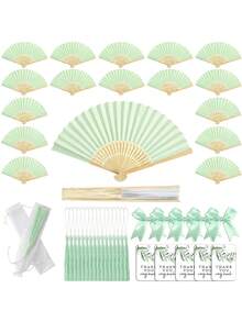 Grünes Hochzeitsgastgeschenk Fächerset, beinhaltet faltbaren Handventilator mit grüner Schleifenquaste Dekoration, Geschenktüte, DIY Dekoration für Frauen, Hochzeitsparty Zubehör. Geeignet für Bridal-Shower, Gastgeschenke, Hochzeitsempfang Favors, Geburtstagsparty - mehrfarbig - Übersicht 1