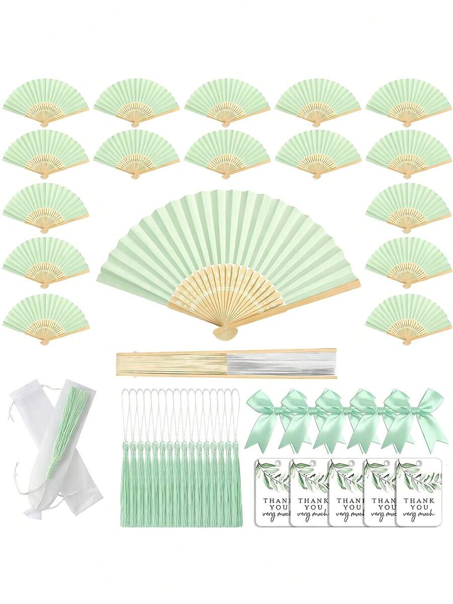 Grünes Hochzeitsgastgeschenk Fächerset, beinhaltet faltbaren Handventilator mit grüner Schleifenquaste Dekoration, Geschenktüte, DIY Dekoration für Frauen, Hochzeitsparty Zubehör. Geeignet für Bridal-Shower, Gastgeschenke, Hochzeitsempfang Favors, Geburtstagsparty - mehrfarbig - Übersicht 1