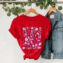 GiftLavender Women's Floral Print Casual T-Shirt - Country Style, Round Neck, Soft And Breathable Fabric, With Multicolor Flowers, Machine Washable, Spring Summer Casual Wear, Soft T-Shirts For Ladies - 紅色 - 查看 1