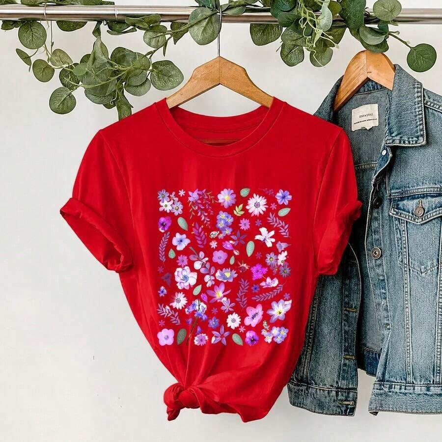GiftLavender Women's Floral Print Casual T-Shirt - Country Style, Round Neck, Soft And Breathable Fabric, With Multicolor Flowers, Machine Washable, Spring Summer Casual Wear, Soft T-Shirts For Ladies - 紅色 - 查看 1