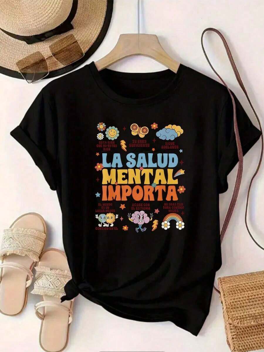 Under The Radar Women's Short Sleeve Crew Neck T-Shirt With "MENTAL HEALTH MATTERS" Print - Comfortable And Stylish, Suitable For Casual Everyday Wear. - Vintage Street Style Unisex Loose Cotton Short Sleeve Crew Neck T-Shirt - 黑色 - 查看 1