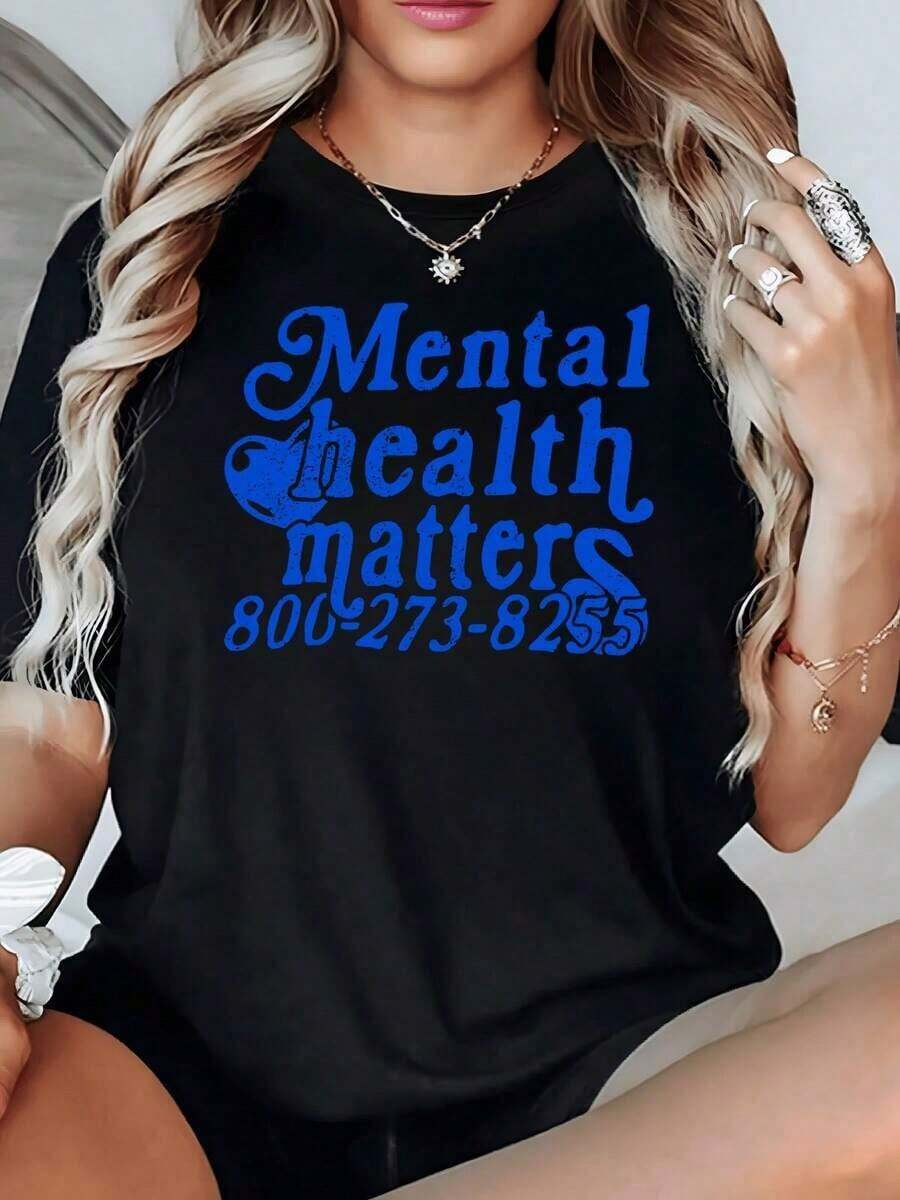 100% Cotton. Positive Phrase Promoting The Importance Of Mental Health Care And Displaying A Helpline Number In Blue. Women's T-Shirt, 100% Cotton, 220g. Women's Simple Solid Color T-Shirt, Loose And Slim Fit Casual Short Sleeve - 黑色 - 查看 1
