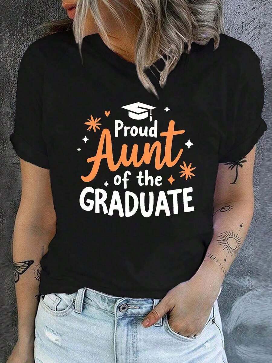 Women's Proud Aunt Of The Graduate Print T-Shirt - Short Sleeve Crew Neck Casual Top Suitable For Graduation, Comfortable Casual Attire & Graduate Events - Machine Washable Casual Wear For Women's Occasion Outfits - 黑色 - 查看 1