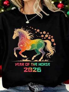 Women's T-Shirt | Colorful Year Of The Horse Pattern T-Shirt, Soft And Breathable For Autumn And Winter, Moisture-Wicking, Christmas Gift! Casual Wear, Holiday Celebrations, Family Gatherings - INFASHULE - 黑色 - 查看 1
