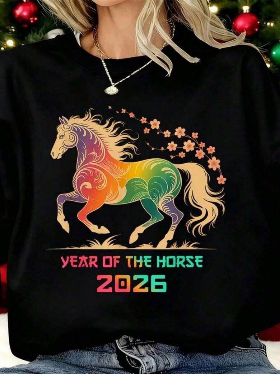 Women's T-Shirt | Colorful Year Of The Horse Pattern T-Shirt, Soft And Breathable For Autumn And Winter, Moisture-Wicking, Christmas Gift! Casual Wear, Holiday Celebrations, Family Gatherings - INFASHULE - 黑色 - 查看 1