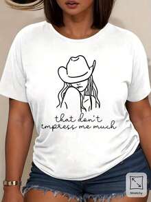 Women's 90s Retro Country Music T-Shirt - Western Cowgirl Design With The Phrase "That Doesn't Impress Me", Casual Stretch Short Sleeve Crew Neck Top, Spring/Summer Style, Fashionable Country Style T-Shirt, Opaque Material. Women's T-Shirts - 白色 - 查看 1