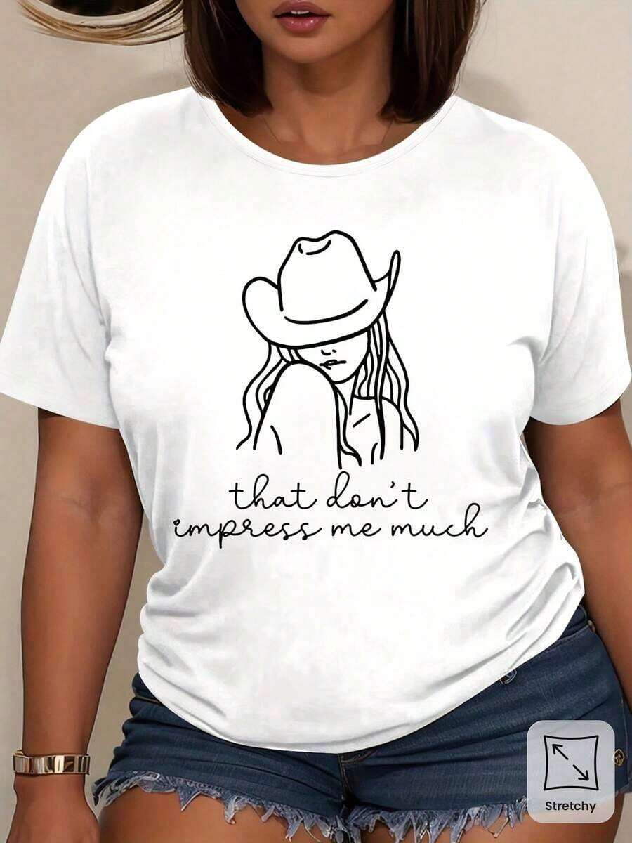 Women's 90s Retro Country Music T-Shirt - Western Cowgirl Design With The Phrase "That Doesn't Impress Me", Casual Stretch Short Sleeve Crew Neck Top, Spring/Summer Style, Fashionable Country Style T-Shirt, Opaque Material. Women's T-Shirts - 白色 - 查看 1