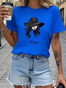 Women's Wide Brim Hat And T-Shirt Set - Elaine Elegant Casual Outfit - Wide Brim Hat, Comfortable Machine Washable Blouse For Casual Wear And Special Events - 藍色 - 查看 7