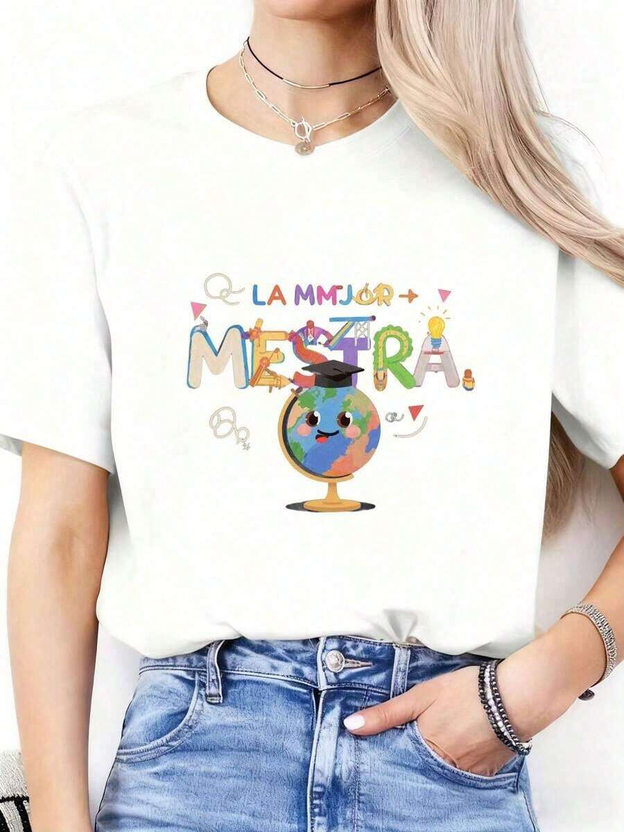 Premium 100% Cotton Graduation T-Shirt - Fashionable Black Printed T-Shirt With "Happy Earth" And "BEST TEACHER," Perfect To Pair With Blue Jeans - Ideal Gift For Graduates, Adorable Cartoon Design, Stylish Summer T-Shirt. Simple Solid Color Women's T-Shirt, Loose And Fitted Cut, Casual Short Sleeves. Gift Idea. - 白色 - 查看 1