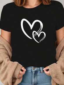 Camiseta de manga corta para mujer, compatible para combinar - Top casual negro de cuello redondo con diseño minimalista de corazón y bloques de color, ropa casual lavable a máquina, atuendo para citas nocturnas, esencial para el guardarropa de todo el año. blusas para mujer>ropa - Negro - Ver 1