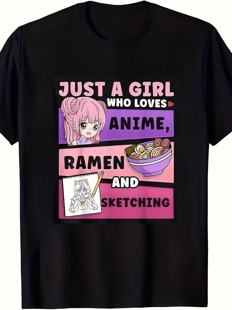 Women's Graphic T-Shirt "Someone Who Loves Anime, Ramen, And Drawing" - Vibrant Black Tee With Eye-Catching Pink And Purple Design, Casual Short-Sleeve Top, Perfect Choice For Anime Fans, Fashionable Everyday Wear, Comfortable Fit - 黑色 - 查看 1