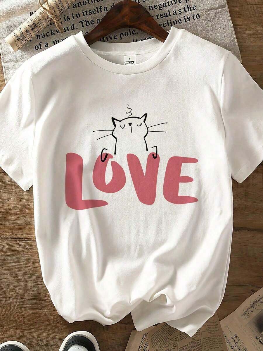 Women's Casual T-Shirt With Pink Valentine's Silhouette Text, Breathable (2)-Unisex, Suitable For Casual Daily Outings, Short Sleeve Summer Top, Y2K Retro Print T-Shirt. - 白色 - 查看 1