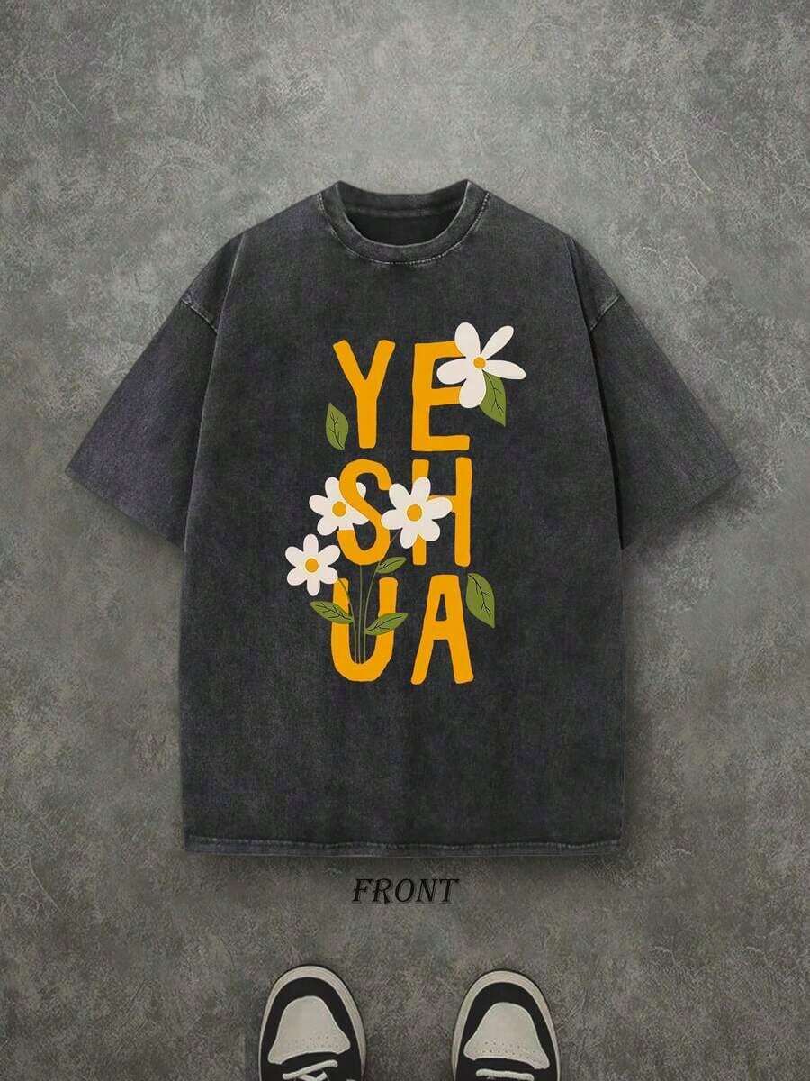 Vintage Washed T-Shirt With Single-Sided Print (230g Pure Cotton T-Shirt) 'Yeshua With Flower' Christian Yeshua T-Shirt, Christian Gift, Unisex T-Shirts, Casual Men's T-Shirt, Comfortable And Fashionable T-Shirt, Urban Style Cotton - 黑色 - 查看 1