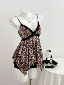 Top de mujer con estampado de leopardo y dobladillo asimétrico con encaje - Multicolor - Ver 4