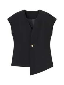 Women's Dress Vest, Sleeveless Design With V-Neck And Front Button Closure, Fitted Sack-Style Cut, Available In Various Solid Colors (Beige, Burgundy, Olive Green, Brown, Black), Faux Wool Fabric With A Fluid Drape, Elegant And Professional Style Ideal For Office, Work And Formal Spring And Autumn Events. - 黑色 - 查看 3