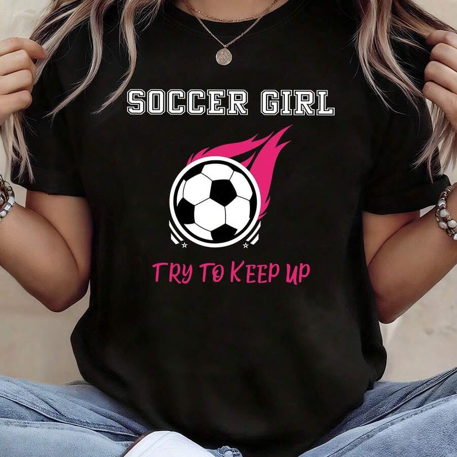 Women's Soccer Jersey With "SOCCER Try To Up" Slogan And Flame Print - Casual Short-Sleeve Top For Team Parties, Everyday Wear - Spring/Summer Soccer Outfits Suitable For Matches And Gatherings - 黑 - 查看 1