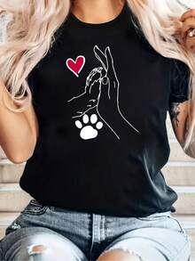 Plus Size Women's Casual T-Shirt With Round Neck, Heart And Paw Print Design, Polyester Fabric, Medium Stretch, Geometric Pattern, Appliqué Detail, Short Sleeve T-Shirt For Spring/Summer/Autumn, Women's T-Shirt - 黑色 - 查看 8