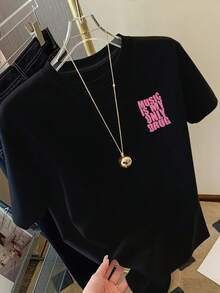 Playeras de mujer Music Is My Only Drug, Camiseta con estampado de música, manga corta, cuello redondo, top casual para verano y primavera, ropa de mujer, blusas casuales para dama. - Negro - Ver 3
