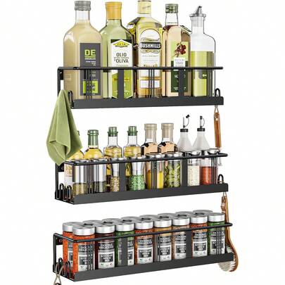 Estante de pared para especias Ra de 3 niveles, organizador de especias ahorra espacio para frascos de especias y condimentos, organizador colgante de especias Ra con tornillos o adhesivo para tu gabinete de cocina o puerta de la despensa