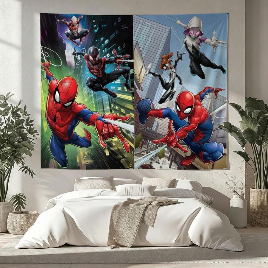 1pc Classic Anime S Pider-Man Multiverse Assembly Tapestry Miles Morales Ghost Spider Gwen Web Slinging City Skyline Living Room Bedroom Headboard Wall Hanging Decor Boys Room Gaming Room Game Room Scene Layout Anime Fans Birthday Party Gathering Photography Background Dorm Aesthetic Art Wall Hanging Table Backdrop - Nhiều màu - Xem 1