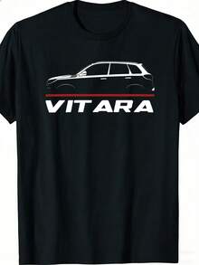 Unisex Casual Black T-Shirt With Vitara Car Design, Casual Round Neck, Slightly Stretchy Fabric, Regular Fit, Printed Design, Breathable Short-Sleeved Top With Round Neck For Car Enthusiasts, Perfect Gift For Men And Women. - 黑色 - 查看 1