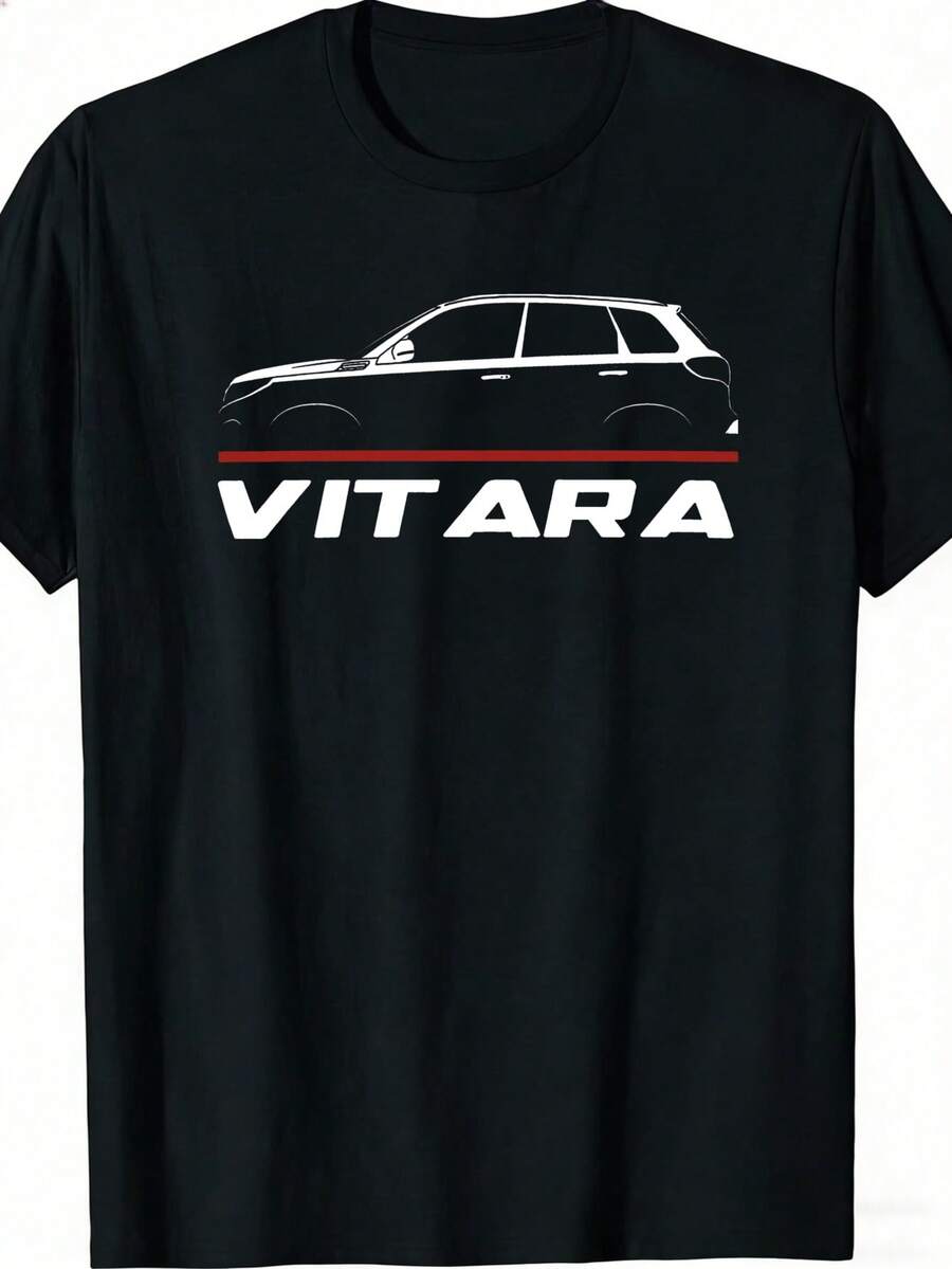 Unisex Casual Black T-Shirt With Vitara Car Design, Casual Round Neck, Slightly Stretchy Fabric, Regular Fit, Printed Design, Breathable Short-Sleeved Top With Round Neck For Car Enthusiasts, Perfect Gift For Men And Women. - 黑色 - 查看 1