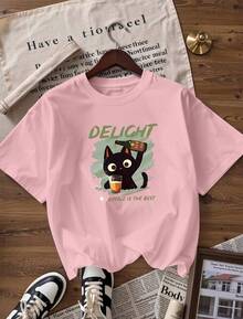 T-Shirt With Funny Black Cat And "DELIGHT" Text, Fashionable Short-Sleeved T-Shirt For Spring And Summer 2026, Made In Mexico, 180 Grams. Cartoon Print, Couple Design, Suitable For Indoor Or Outdoor Wear. Crew Neck, Unisex, Ideal For Office And Leisure. One-Pack. - PK-P631577SLNDXZGY621 - 查看 4