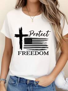 Women's Printed T-Shirt - Casual Short Sleeve Crew Neck T-Shirt In White With Protect FREEDOM And American Flag Design - Relaxed Fit For All Seasons, Perfect For Everyday Wear And Holiday Outfits (Machine Washable). - 白色 - 查看 1