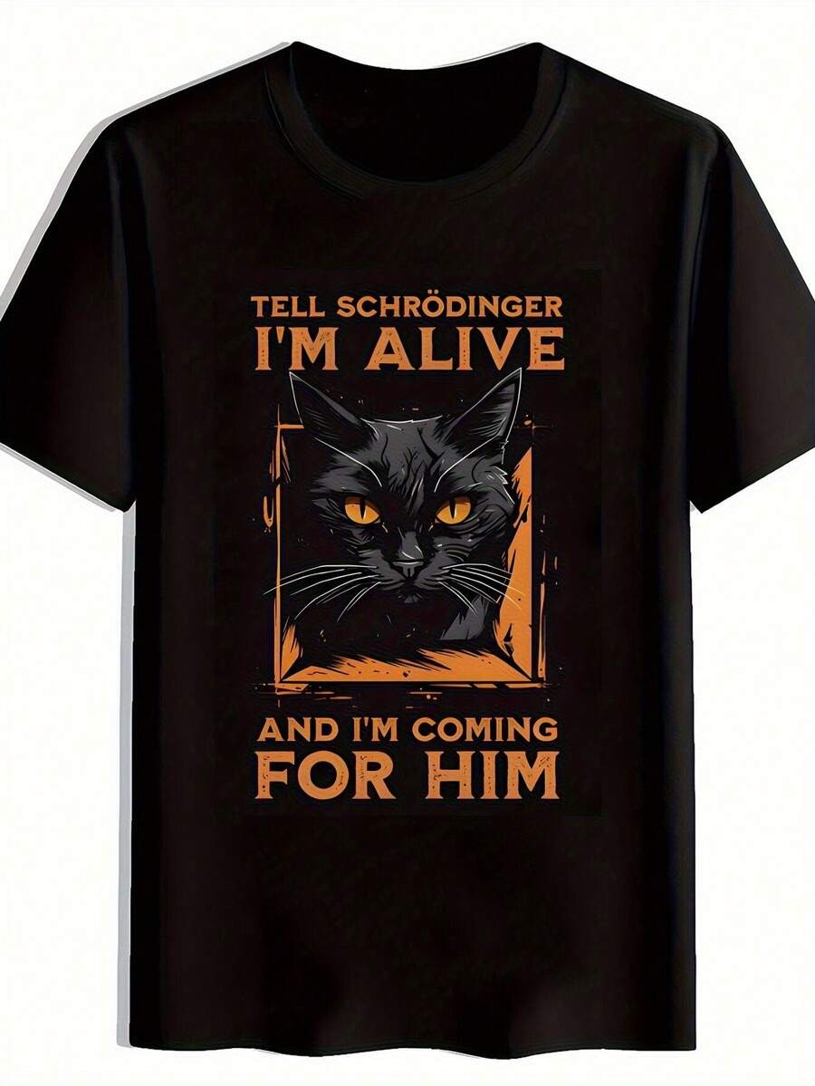 Men's Casual Graphic T-Shirt - Features A Black Cat With Orange Eyes And A Humorous Schrödinger Design, Soft Crew Neck Summer Tee, Machine Washable Science-Inspired Apparel, Easy Care Clothes | Unique Printed Tees | Loose And Comfortable Relaxed Fit Shirts - Back - View 1