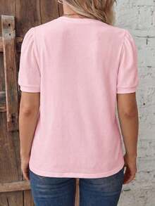 Camiseta básica de talla grande con cuello redondo, manga corta tipo globo, estampado de leopardo en color negro sobre base de color café, de estilo retro y casual - Rosa - Ver 2